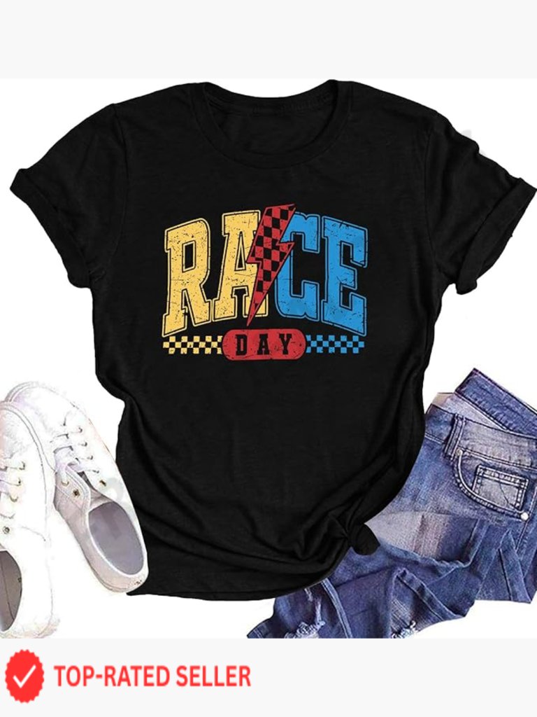 Racing Tee Shirt Checkered Flags Race Day Graphic Tops For Women Short Sleeve